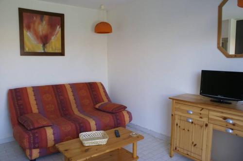 un salon avec un canapé et une télévision dans l'établissement Villa 21, port Venus village au village naturiste, au Cap d'Agde