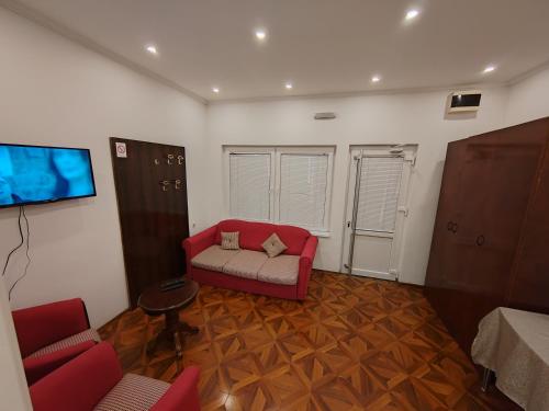 MAGENTA Apartments في بلغراد: غرفة معيشة مع أريكة حمراء وتلفزيون