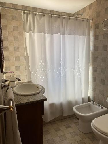 a bathroom with a sink and a toilet and a shower curtain at Santa Fe Suites Apart in Salta