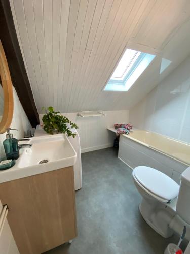 a bathroom with a sink and a toilet and a skylight at L'Odyssée - Studio cosy avec vue mer - Lumineux - Parking - Wifi in Pléneuf-Val-André