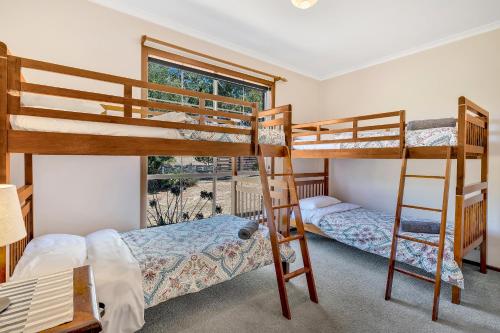 two bunk beds in a room with a window at Halls on Falls Homestead in Strath Creek