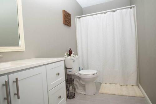 een witte badkamer met een toilet en een douche bij ZEN'S Retreat in North Little Rock