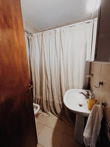 baño con lavabo y cortina de ducha blanca en DEPARTAMENTO EN BA! en Buenos Aires