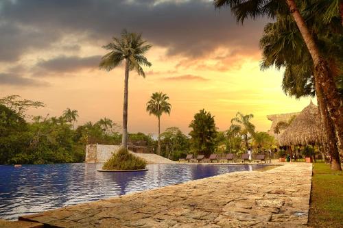 a pool at a resort with palm trees at Hotel Reserva de Piedemonte in Villavicencio