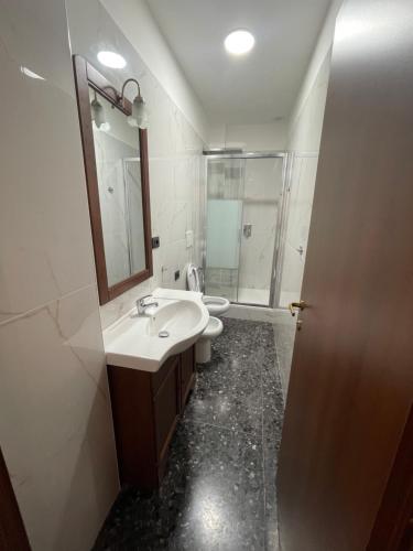 ein Badezimmer mit einem Waschbecken, einem WC und einem Spiegel in der Unterkunft Due passi dal mare in Savona
