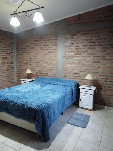 a bedroom with a blue bed and two night stands at Casa del viñedo in Villa Las Rosas