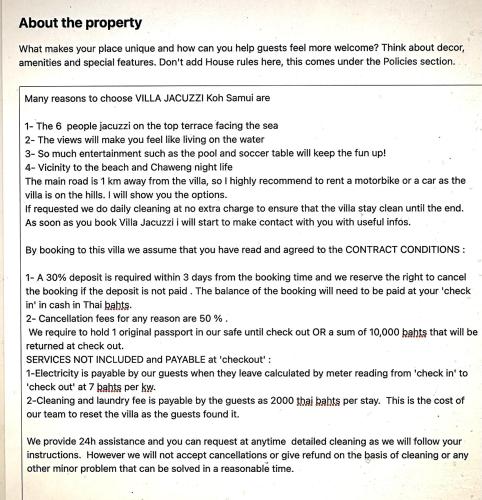 a screenshot of a page of a document at Villa Jacuzzi Seaview Villa in Chaweng Noi Beach