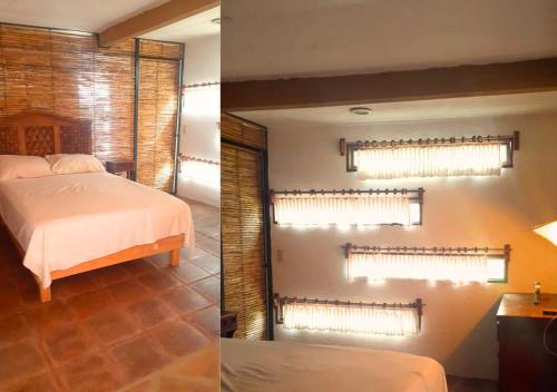two pictures of a bedroom with a bed and a window at Casa Andivi, Placer sin fin in San Pedro Pochutla