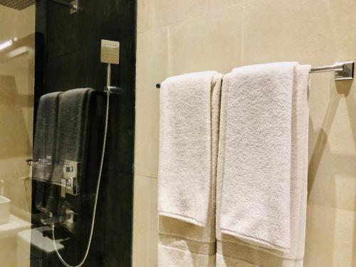 bagno con asciugamani bianchi appesi a un appendiabiti di Tropic Inn - Mount Lavinia a Watumulla