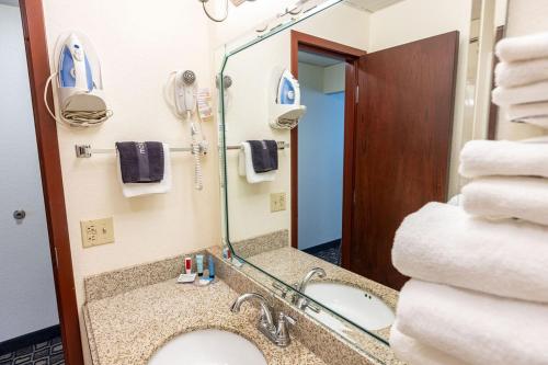 a bathroom with a sink and a mirror at Savannah House Hotel in Branson