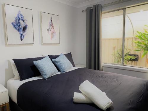 Schlafzimmer mit einem Bett mit blauen und weißen Kissen in der Unterkunft Blue Tides Accommodation in Esperance