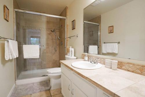 uma casa de banho com um lavatório, um WC e um chuveiro em Sunlit contemporary Bellevue Home w a Lush Garden em Bellevue