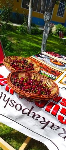 a table with three baskets of cherries on it at Rakaposhi Amin Hotel & Restaurant Pissan Hunza Nagar Gilgit Baltistan in Gilgit