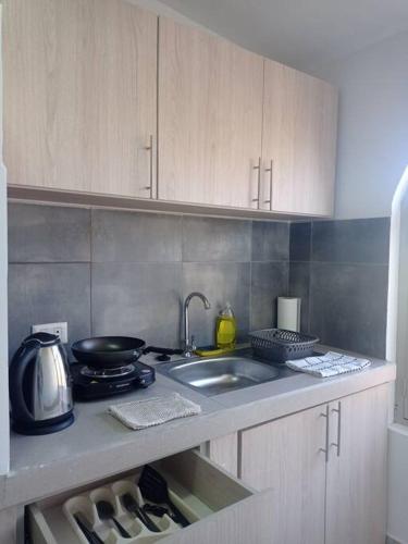 a kitchen counter with a sink and a stove at Acogedor Monoambiente en Tarija in Tarija