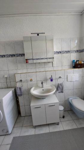 a white bathroom with a sink and a toilet at Ferienwohnung am Hofladen Hellendorf - Sächsische Schweiz in Bad Gottleuba