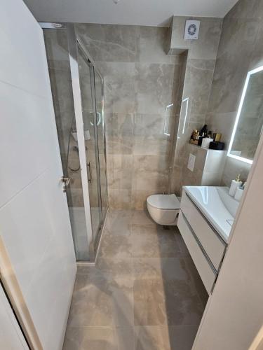 a bathroom with a shower and a toilet and a sink at Apartman City Pearl in Posušje