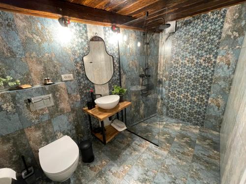 a bathroom with a toilet and a sink and a mirror at Tomis’ Dreams in Constanţa