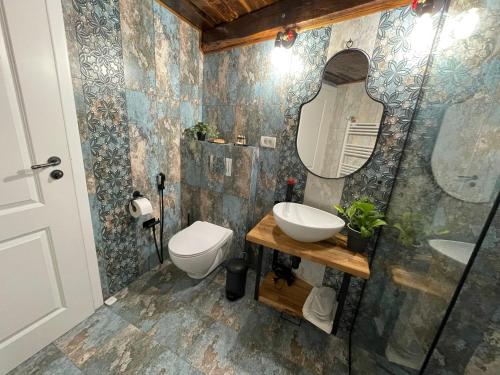 a bathroom with a toilet and a sink and a mirror at Tomis’ Dreams in Constanţa