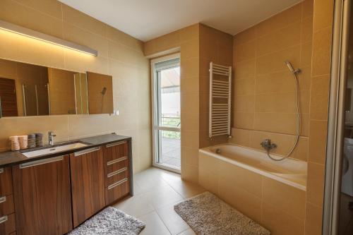 W łazience znajduje się wanna, umywalka i prysznic. w obiekcie Penthouse Deluxe Apartment - Free Parking, Roof Garden w Budapeszcie
