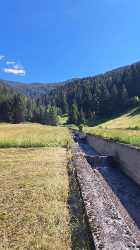 un campo con un muro de retención con agua. en Residence Raethia tra Bormio e Livigno, en Valdidentro