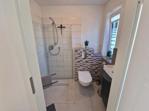 a bathroom with a shower and a toilet and a sink at # Urlaubsreif in Zierow