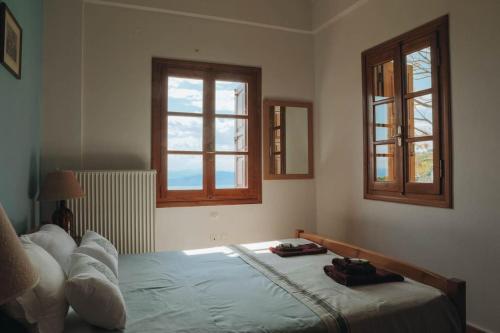 1 dormitorio con 1 cama y 2 ventanas en VILLA GEOLENA, en Agios Georgios Nilias