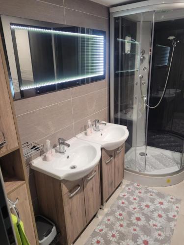 a bathroom with two sinks and a shower at Rodinný dom Podhájska in Podhájska