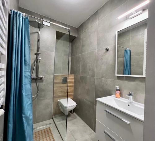 W łazience znajduje się prysznic, toaleta i umywalka. w obiekcie K22 Large Family Apart Komputerowa w Warszawie