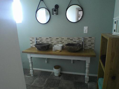 łazienka z 2 umywalkami na stole z 2 lustrami w obiekcie LE CLOCOONING w mieście Billy