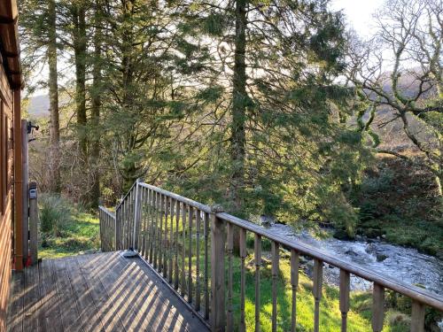a wooden walkway leading to a house with trees at Snowdonia Holiday Lodges in Beddgelert