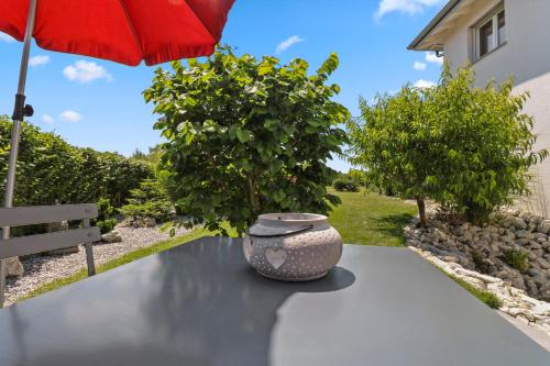 a vase sitting on a table under an umbrella at Magnifique studio cosy in Grandcour