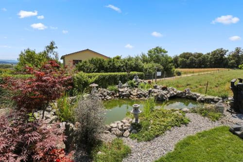 a garden with a pond and a fire hydrant at Magnifique studio cosy in Grandcour
