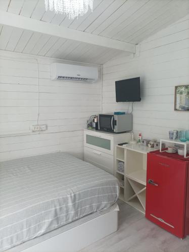 a small bedroom with a bed and a microwave and a tv at Casetta vista mare con piscina in Corsanico-Bargecchia