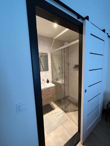een badkamer met een douche en een glazen deur bij Apartamenty Chrobry in Gorzów Wielkopolski