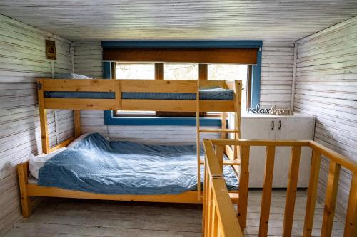 Ce lit superposé se trouve dans une petite chambre avec une échelle. dans l'établissement Cabana Misha, à Băişoara