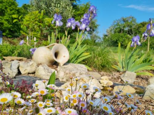a garden with two snail statues on rocks and flowers at Le Cotil Ribes in Grangues