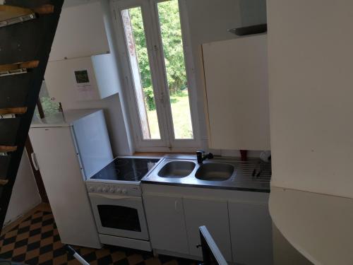 une petite cuisine avec un évier et une fenêtre dans l'établissement Gite en collocation le DIX, à Autry-le-Châtel