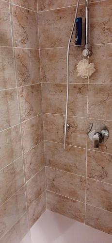 a bathroom with a shower with a stone wall at VILLETTA AIRES in Chia