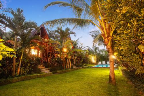 a yard with a palm tree and a swimming pool at Pondok Kembung Canggu in Dalung