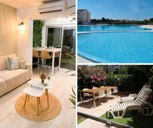 a collage of pictures of a living room and a pool at Appartement Zen à Frejus avec jardin, piscine, tennis, proche mer in Fréjus