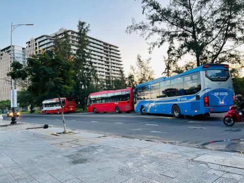 three buses are parked on a city street at MyMy Motel in Da Nang