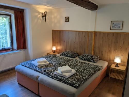 ein Schlafzimmer mit einem Bett mit zwei Handtüchern darauf in der Unterkunft Bed and Breakfast Tvrz in Velká Bukovina