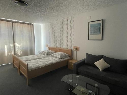 une chambre d'hôtel avec un lit et un canapé dans l'établissement Hotel Roma, à Merzig