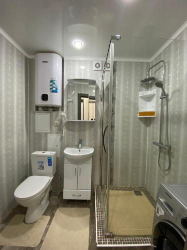 e bagno con doccia, servizi igienici e lavandino. di VIP квартира в Центре, 2 комнаты a Qostanay