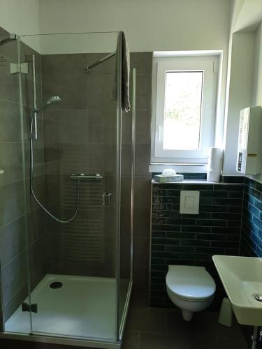 La salle de bains est pourvue d'une douche, de toilettes et d'un lavabo. dans l'établissement Art Deco Villa Bacharach, à Bacharach