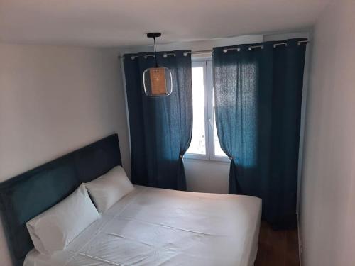 Schlafzimmer mit einem Bett mit blauen Vorhängen und einem Fenster in der Unterkunft Cosy Appartement in Cannes