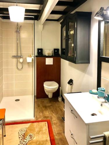 une salle de bain avec toilettes, lavabo et douche dans l'établissement Maison en Ardèche avec bain suédois et Sauna, à Saint-Symphorien-de-Mahun