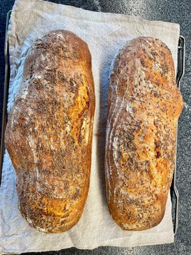 two loaves of bread sitting on a piece of paper at Pension Möslehnerhof in Ramsau am Dachstein