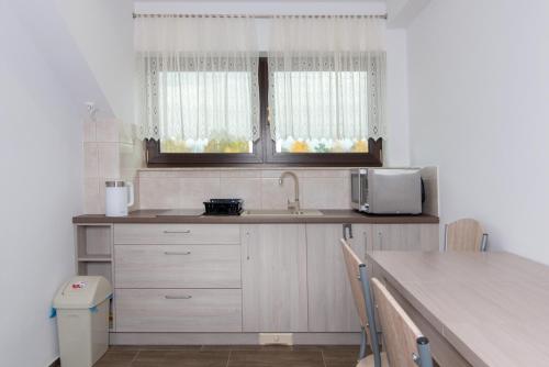 a kitchen with a sink and a microwave at Za Gościńcem in Kazimierz Dolny