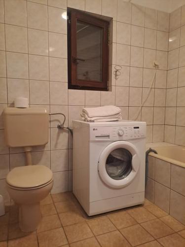 uma casa de banho com um WC e uma máquina de lavar roupa em Apartment Camelia em Opatija
